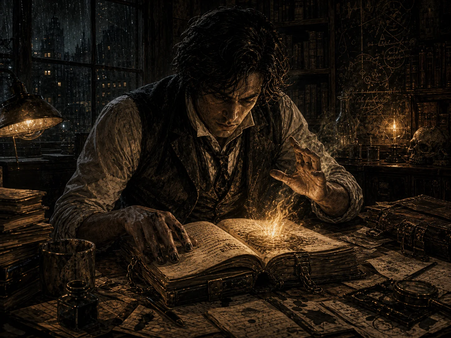 Illustrated Arcanist portrait in a rain-dark library with a locked grimoire, occult light, and no obvious species tell.
