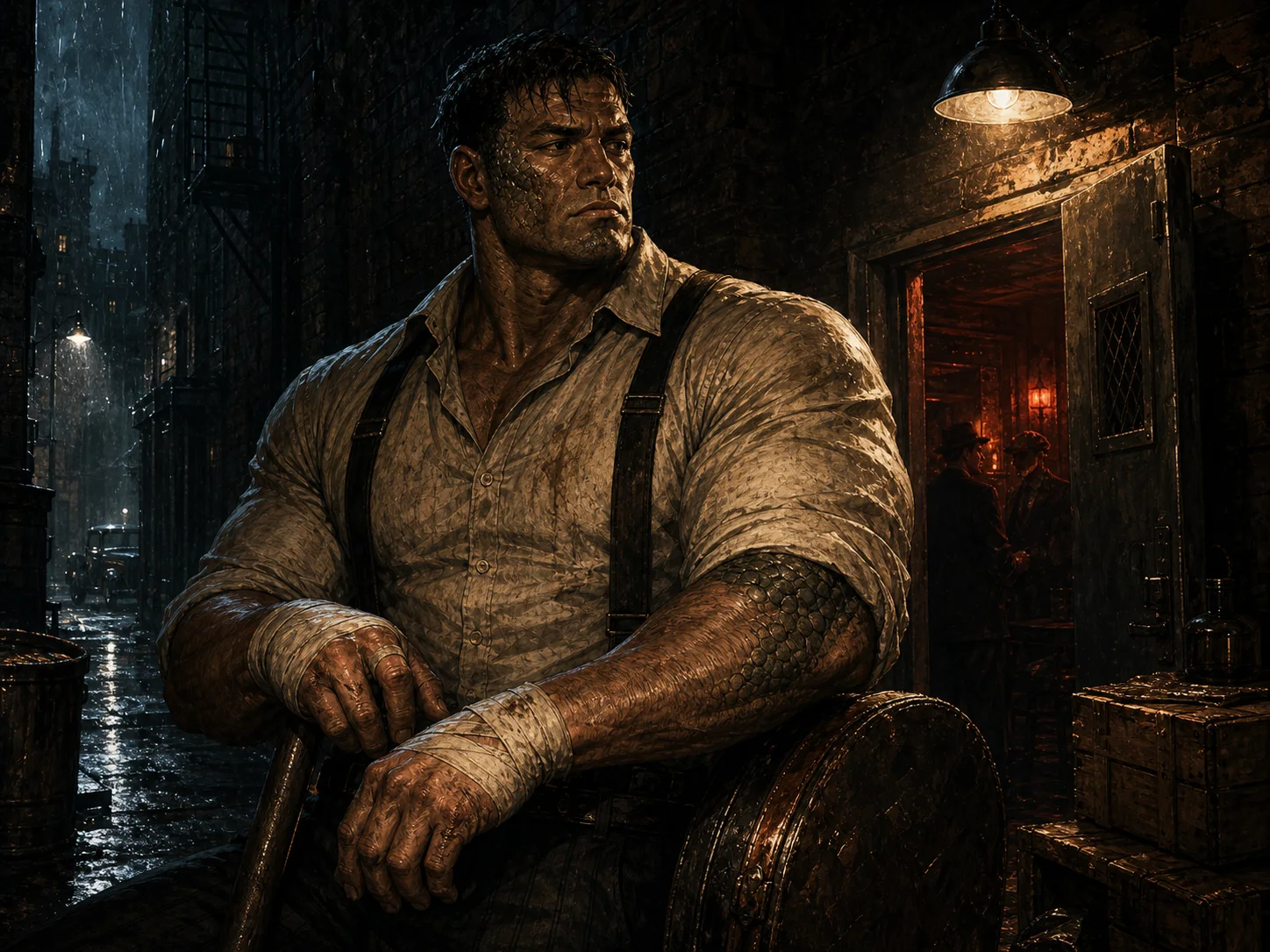 Illustrated Bruiser portrait behind a speakeasy with taped fists, broad shoulders, and subtle Saurian scale patches in the lamplight.
