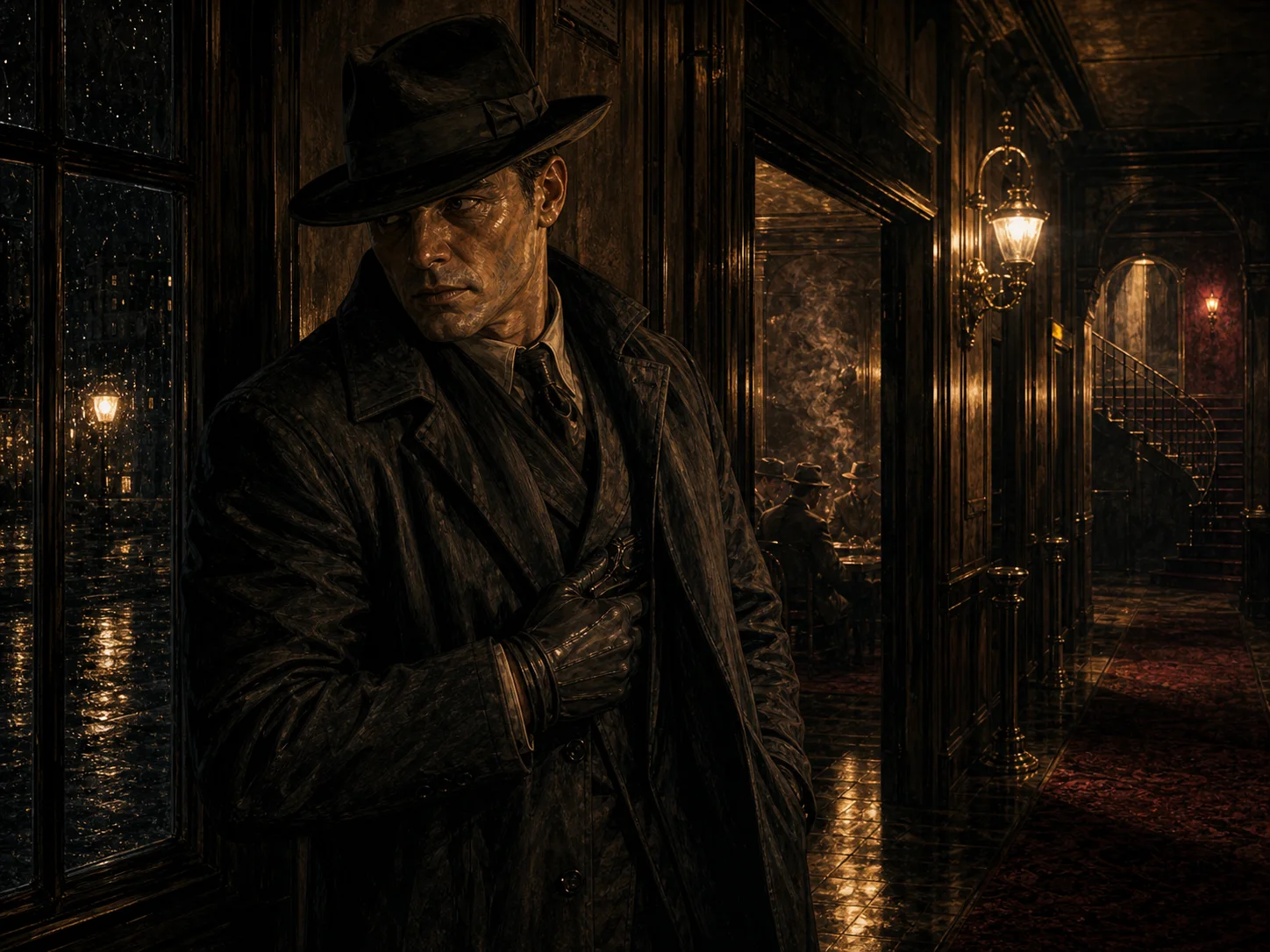Illustrated Button Man portrait in a shadowed corridor with a low fedora, dark suit, concealed weapon, and no obvious species tell.
