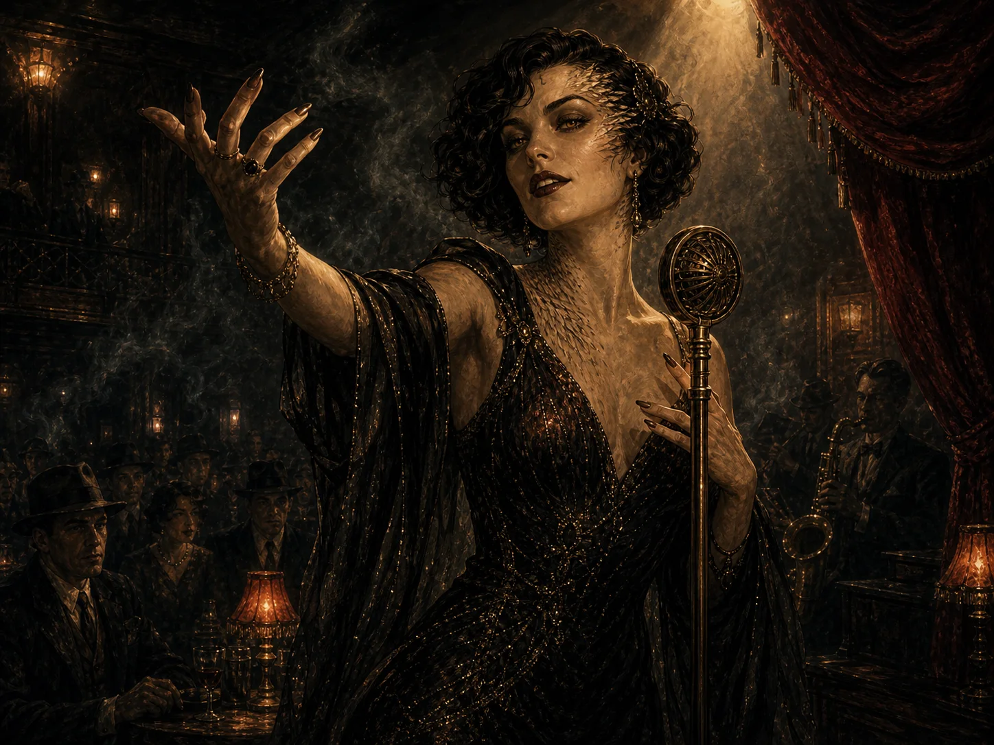 Illustrated Canary portrait on a smoky nightclub stage with a brass microphone, spotlight, and faint feathered species details.
