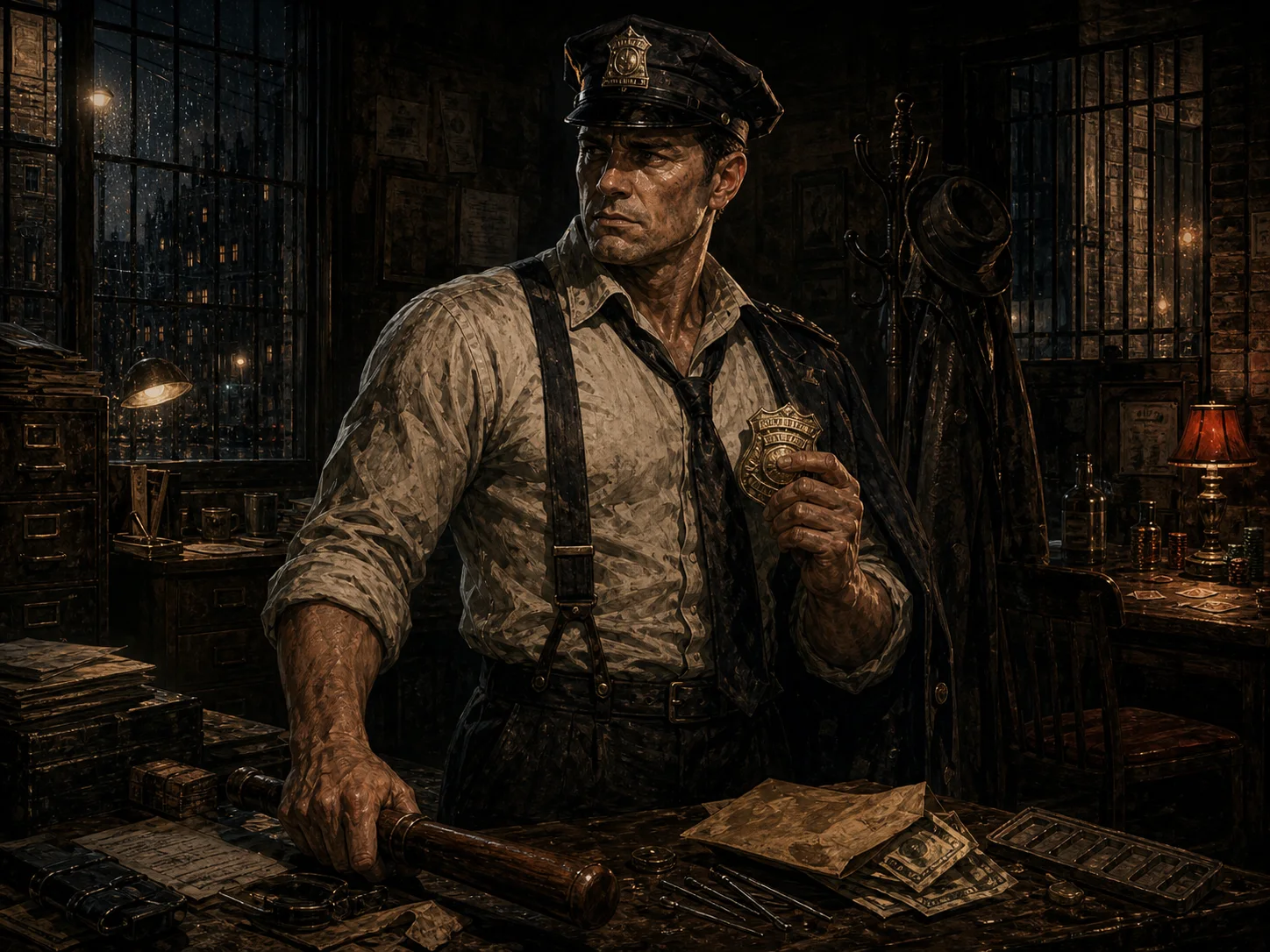 Illustrated Copper or Crook portrait in a station back room with a badge, truncheon, street authority, and no obvious species tell.
