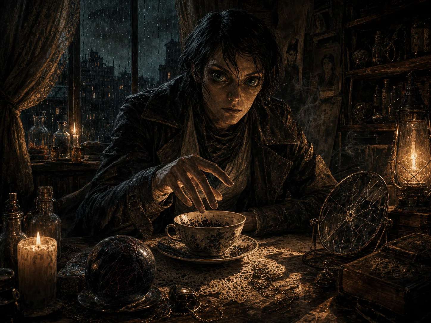 Illustrated Diviner portrait above a pharmacy with tea leaves, a magic bauble, bad omens, and huge Deep One eyes.
