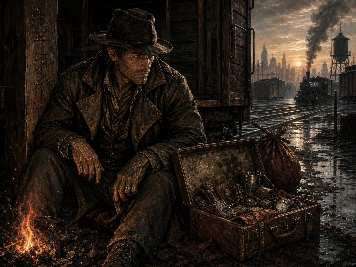 Illustrated Drifter portrait in a railroad yard with a worn suitcase, road clothes, luck-token trinkets, and no obvious species tell.
