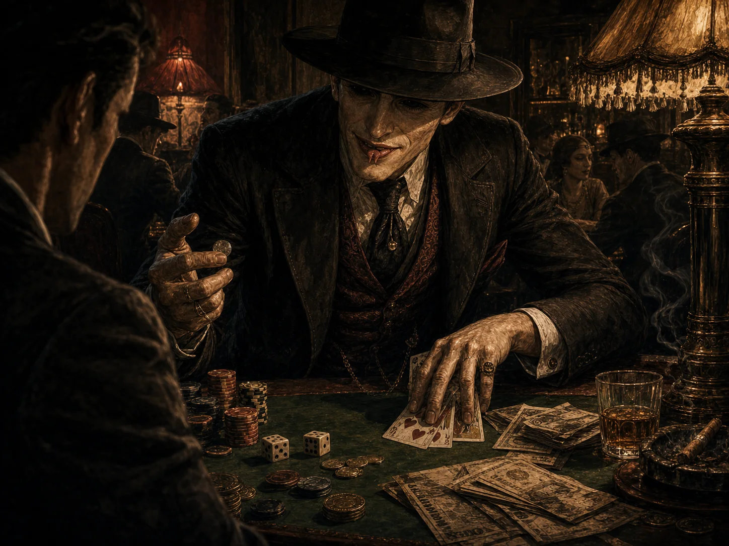 Illustrated Grifter portrait in a smoky gambling booth with cards, dice, a palmed coin, and a Saurian forked-tongue divot.
