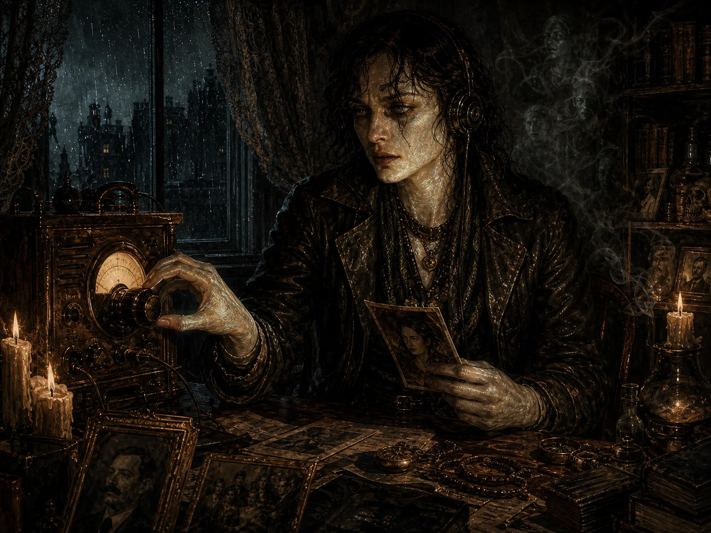Illustrated Medium portrait in a seance room with a radio, candles, family photograph, spirit smoke, and luminous Mi-Go skin.
