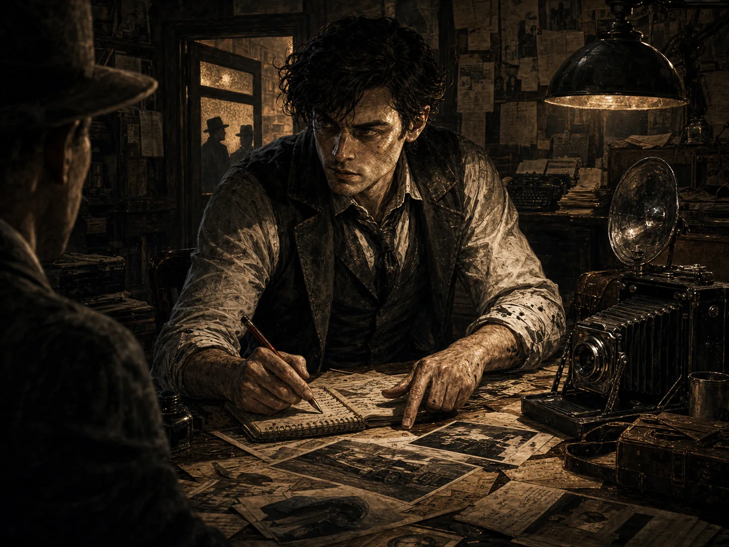 Illustrated Muckraker portrait at a rain-dark newspaper desk with a press camera, ink-stained notes, and no obvious species tell.
