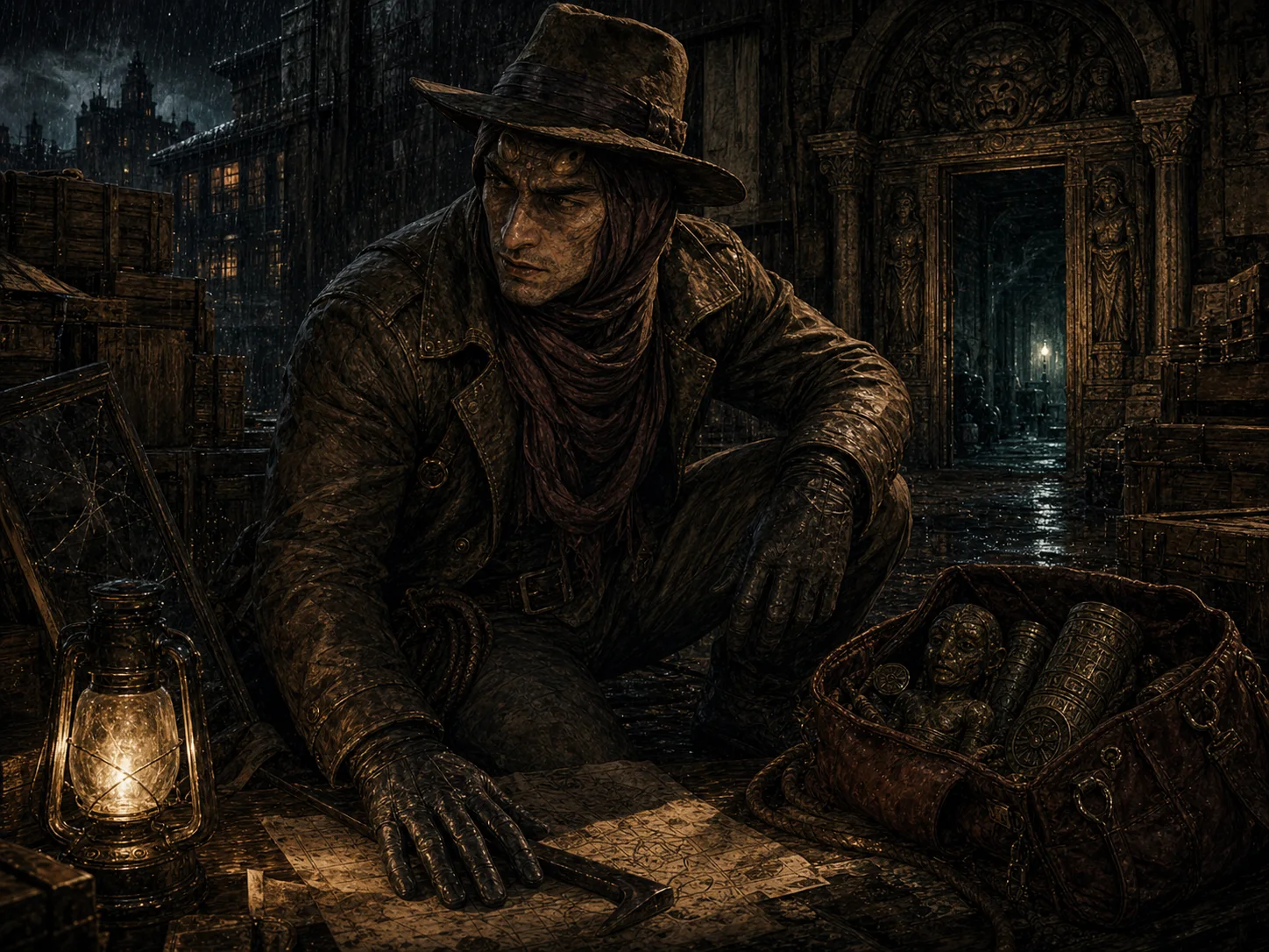 Illustrated Raider portrait near a museum loading dock with a whip, relic satchel, broken case, and Leng horn-like forehead bumps.
