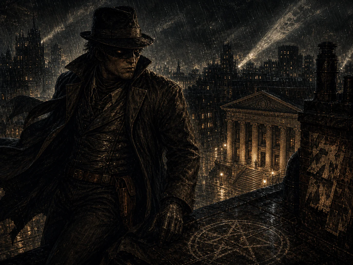 Illustrated Vigilante portrait on a rainy rooftop with a simple mask, long coat, courthouse lights, and Mi-Go deep-set dark eyes.
