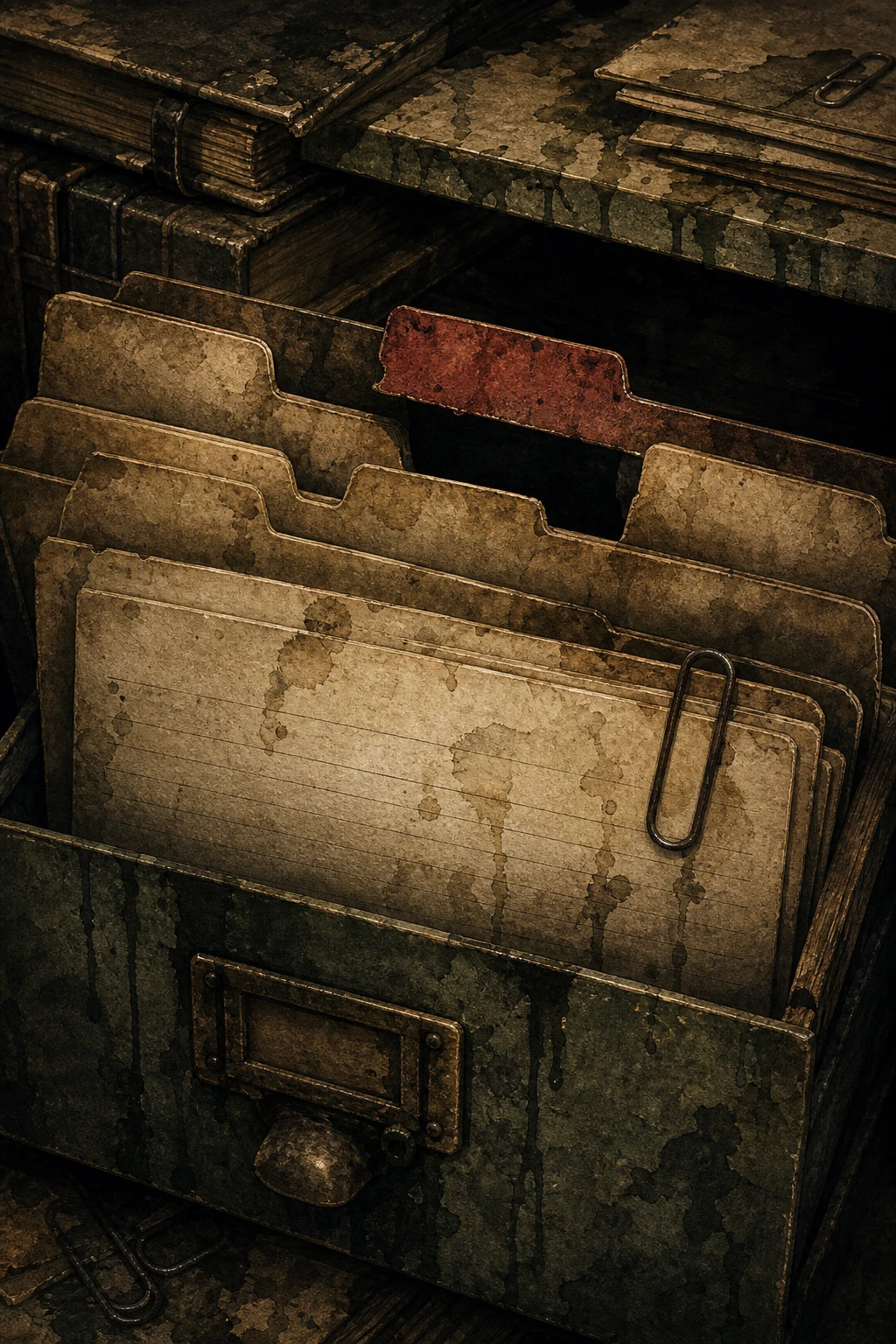 Archive drawer tabs, card catalog cards, ledgers, paper clips, water stains, and a file-tab shadow receding too far.