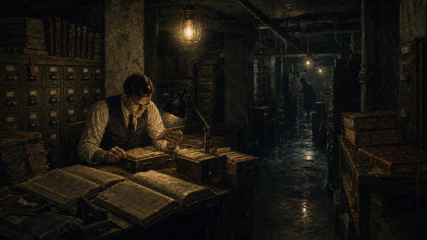 An archivist searches card catalogs and ledgers in a wet basement where bare bulbs recede into impossible archive depth.
