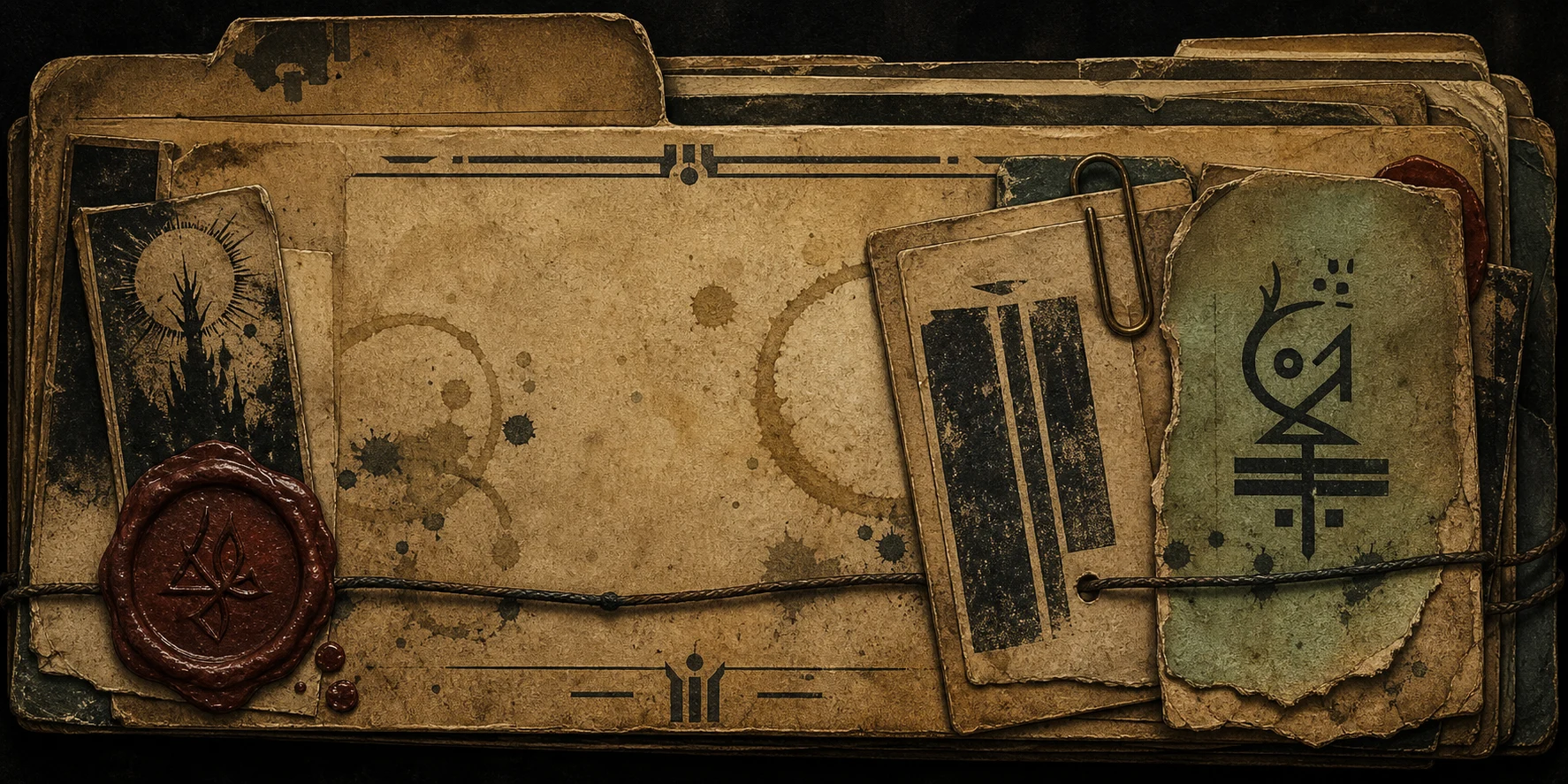 Quiet case-file divider with clipped pamphlet fragments, plain wax seals, folder tabs, ink marks, coffee rings, and rain-stained paper.
