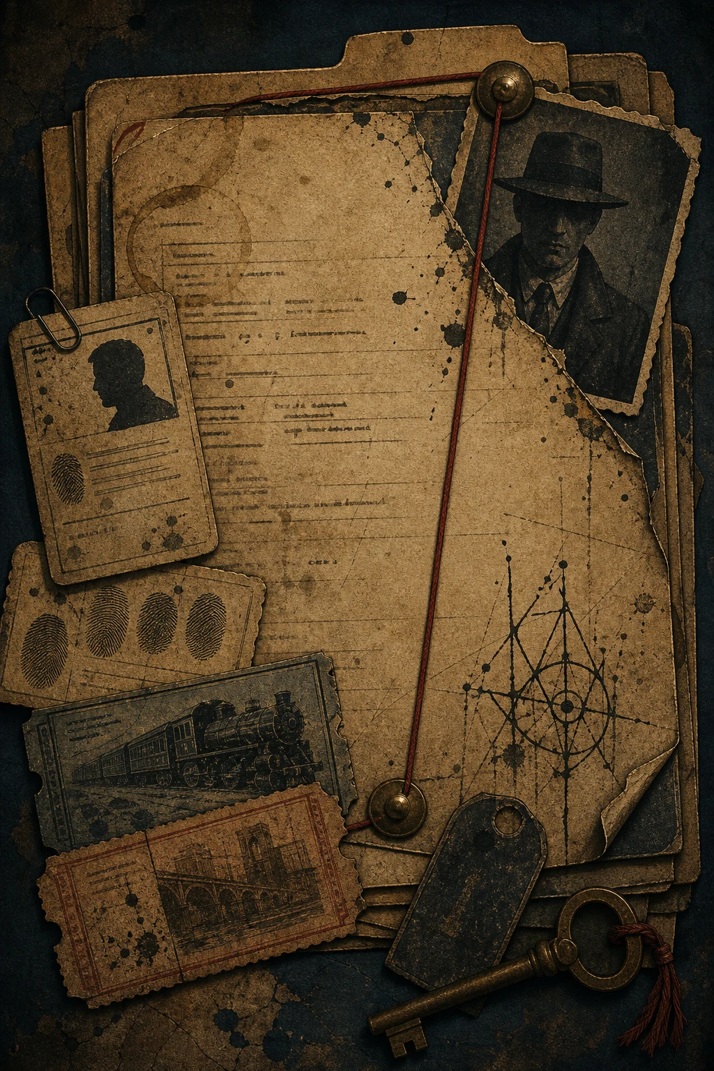 Identity cards, train-ticket shapes, a torn portrait photo, hotel key, red thread, ink fingerprints, and a warning mark.