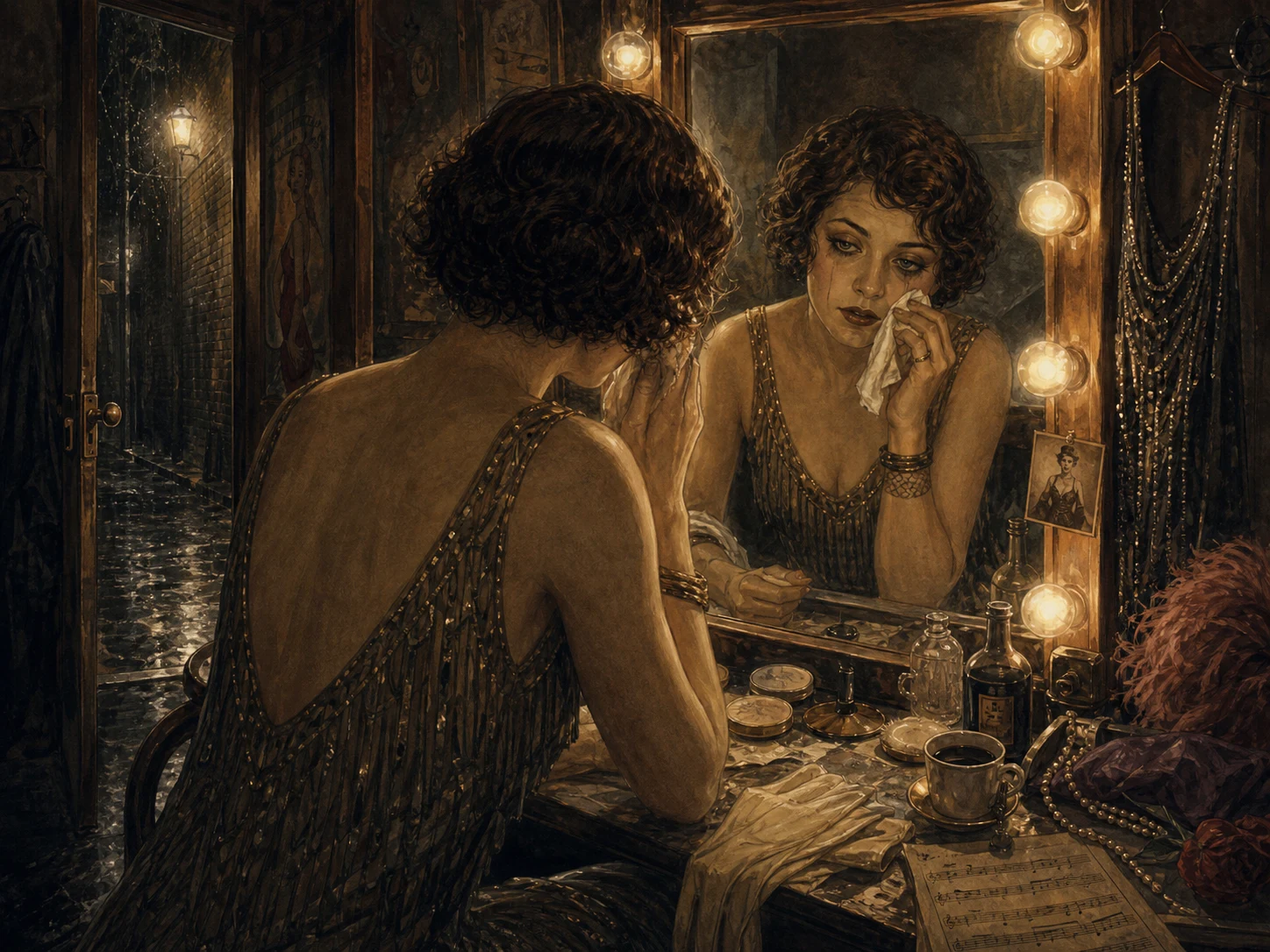 A vaudeville performer sits alone at a dressing-room mirror with a small scaled wrist patch half hidden by a bracelet.