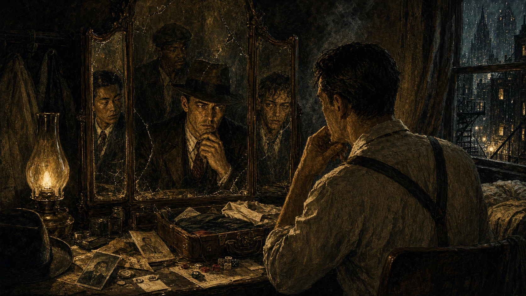 A person studies several mirror reflections in a smoky boarding-house room before choosing an identity for a rainy case.