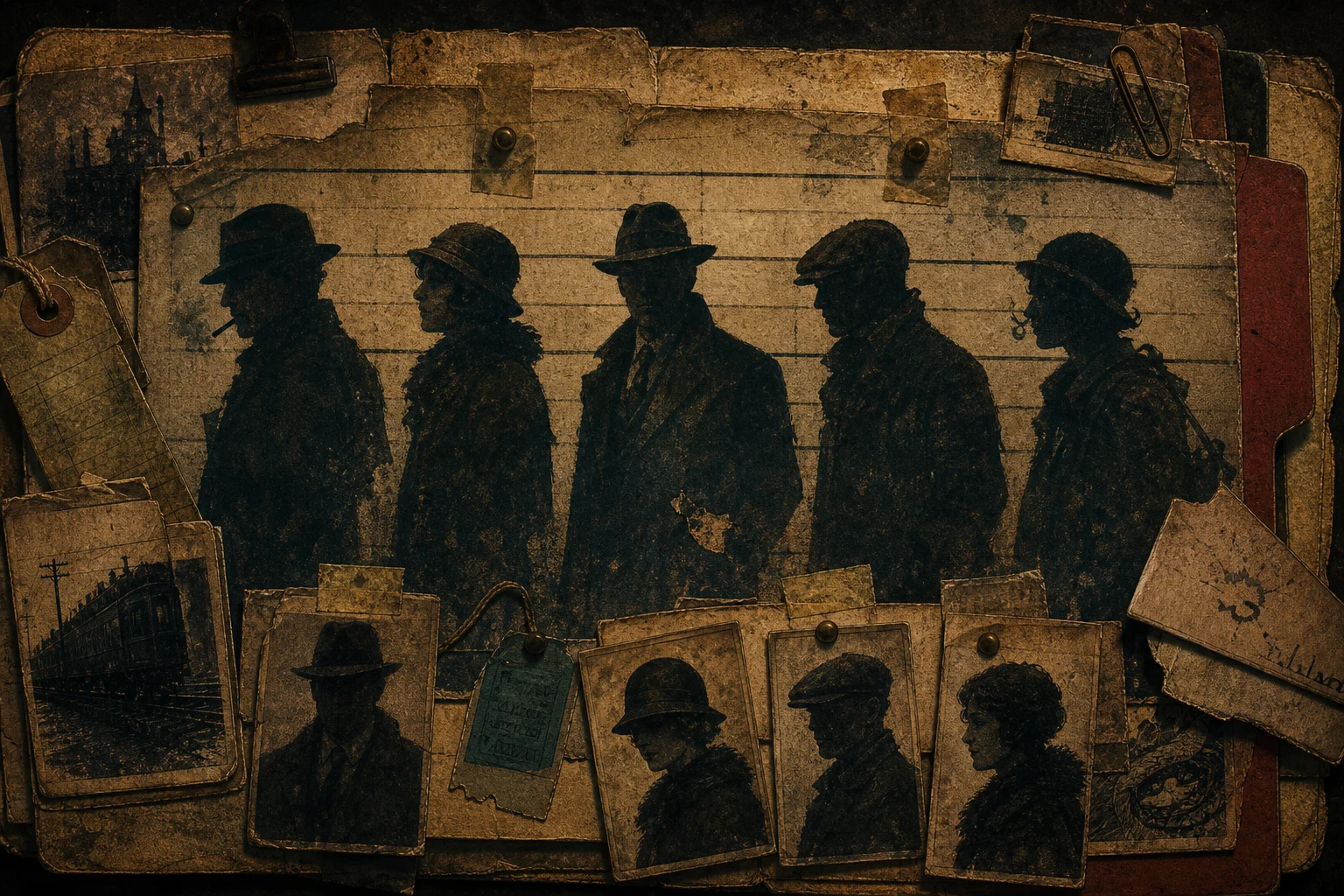 Torn portrait cards, hat silhouettes, train tags, pinned notes, and five noir archetype shadows on aged paper.