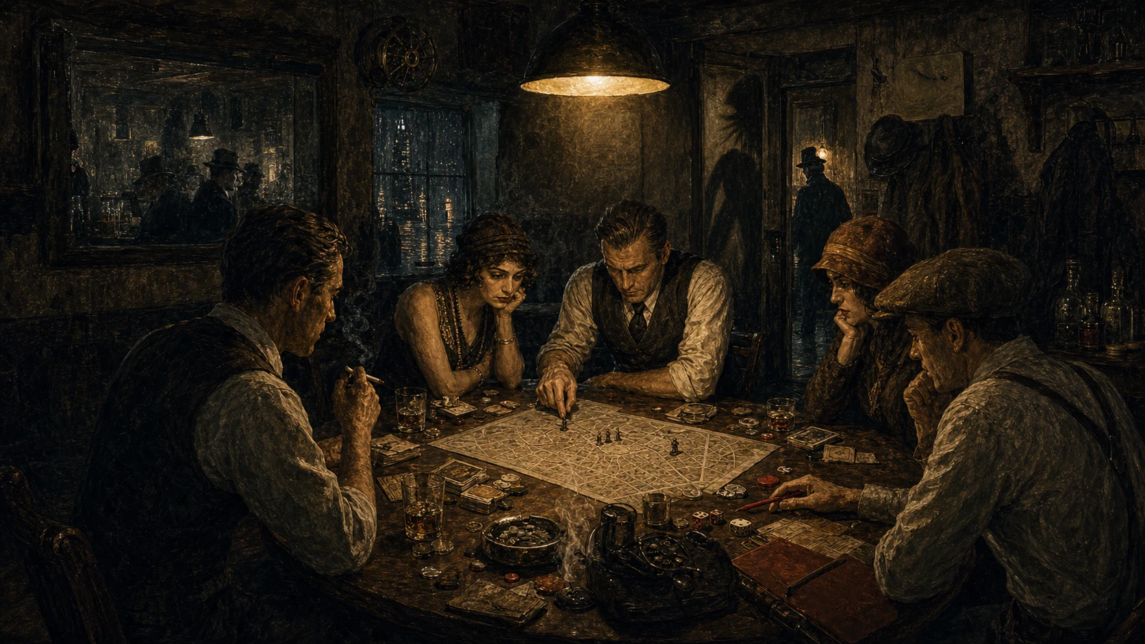 Players lean over a speakeasy back-room table as a noir case appears through shadows, rain reflections, glasses, cards, and hidden doors.