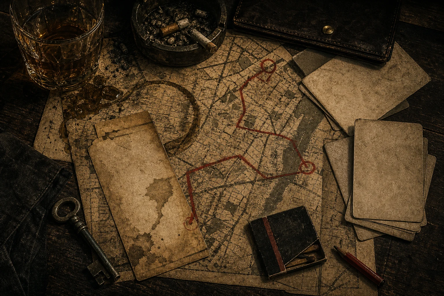 Speakeasy receipt prop cluster with blank cards, drink ring, ash, matchbook, hidden-door key, and red pencil map path.