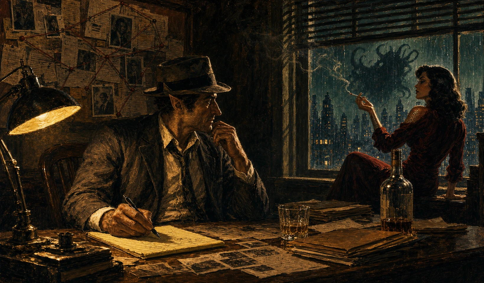 Noir private investigator with a subtle pointed ear faces a scaled femme fatale by a rainy window with a nightmare behind the city.