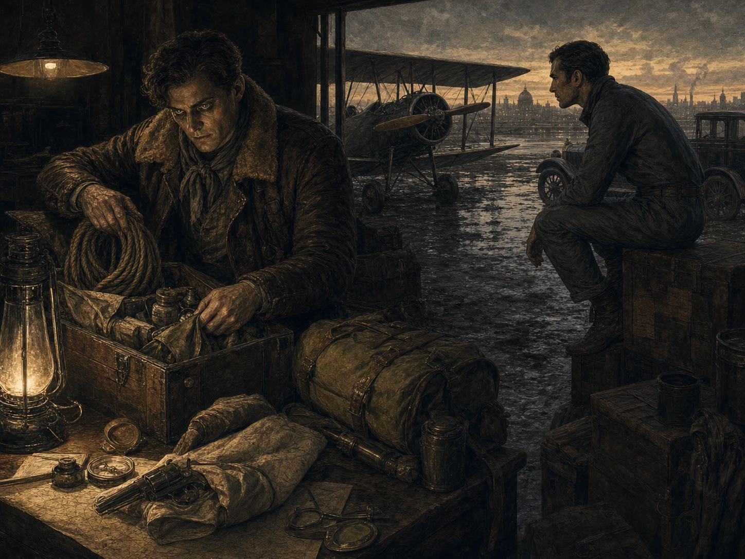 An explorer packs rope, lantern, maps, and field bags at a muddy airfield while a pilot perches on a crate nearby.