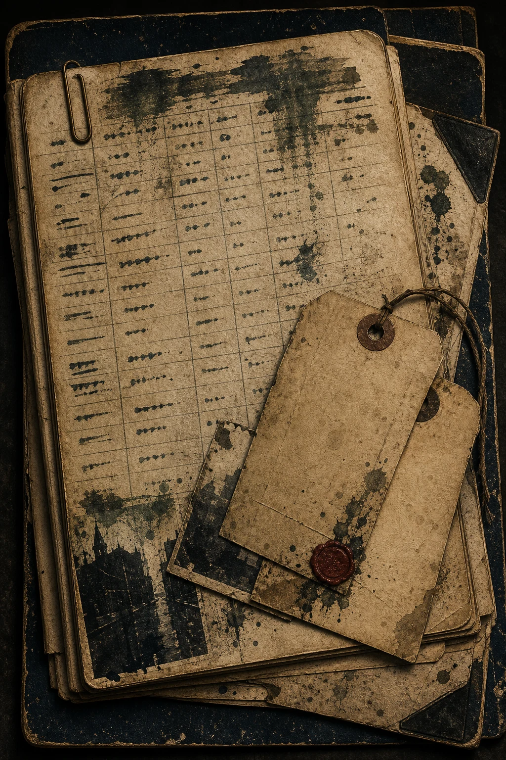 Battered ledger page with illegible rows, blank evidence tags, black ink smears, brass paperclip, and red wax mark.