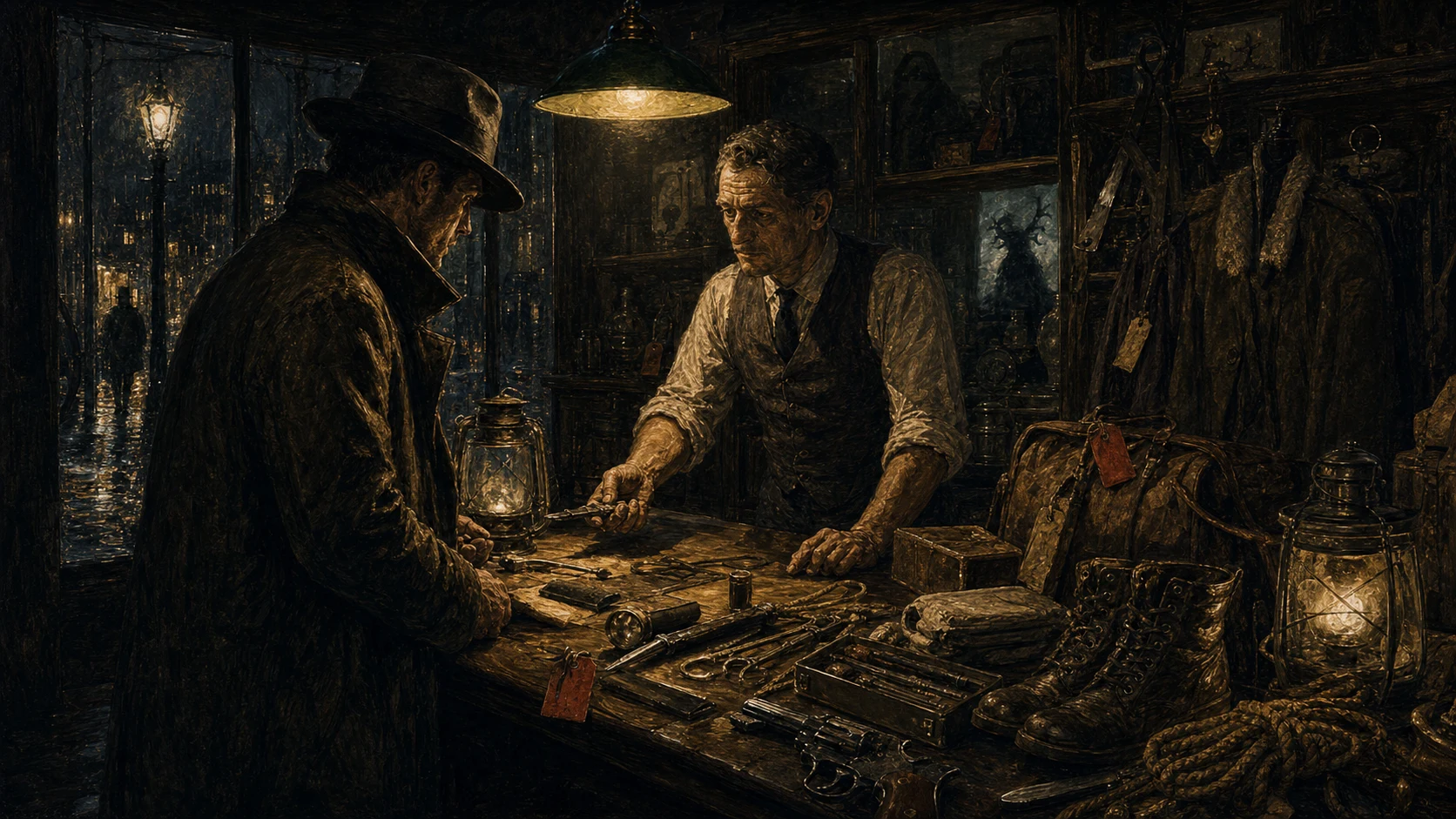 Detective and pawnbroker weigh field gear, tools, boots, rope, and evidence under hard shop light while rain darkens the windows.
