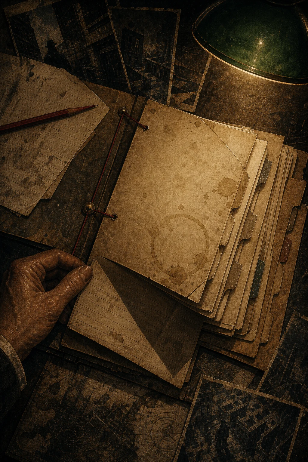 Index cards, binder tabs, red string, dog-eared pages, coffee rings, and a page order casting an impossible shadow.