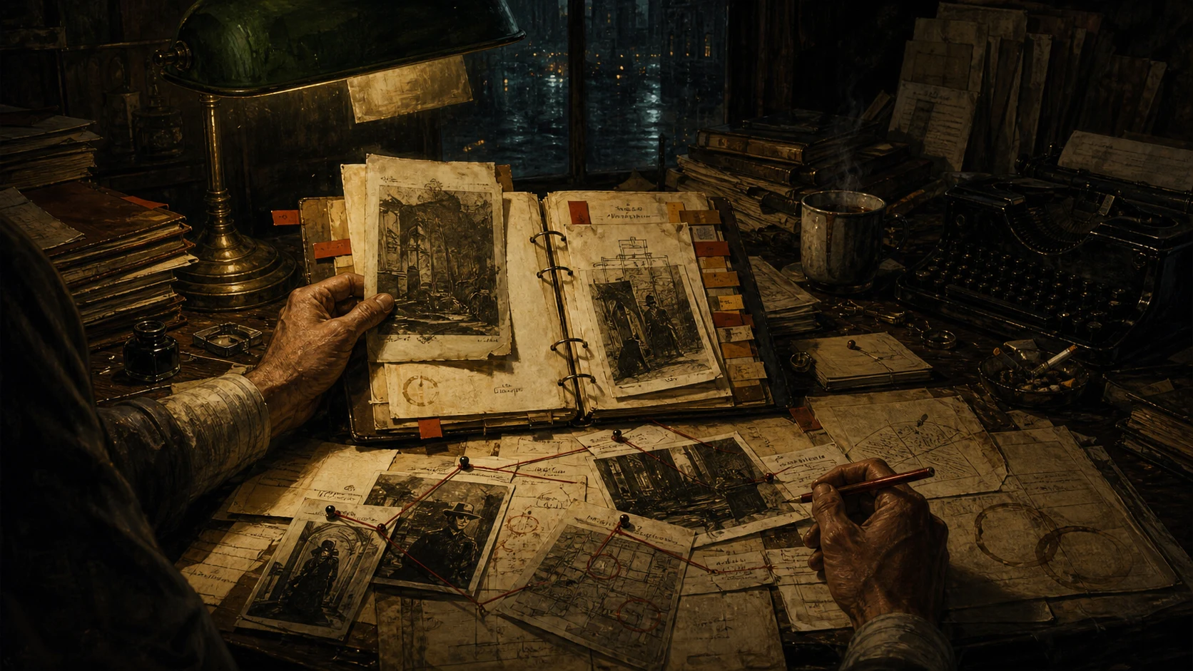 Hands arrange case-file pages, tabs, photographs, and strings under a green desk lamp beside a rainy city window.