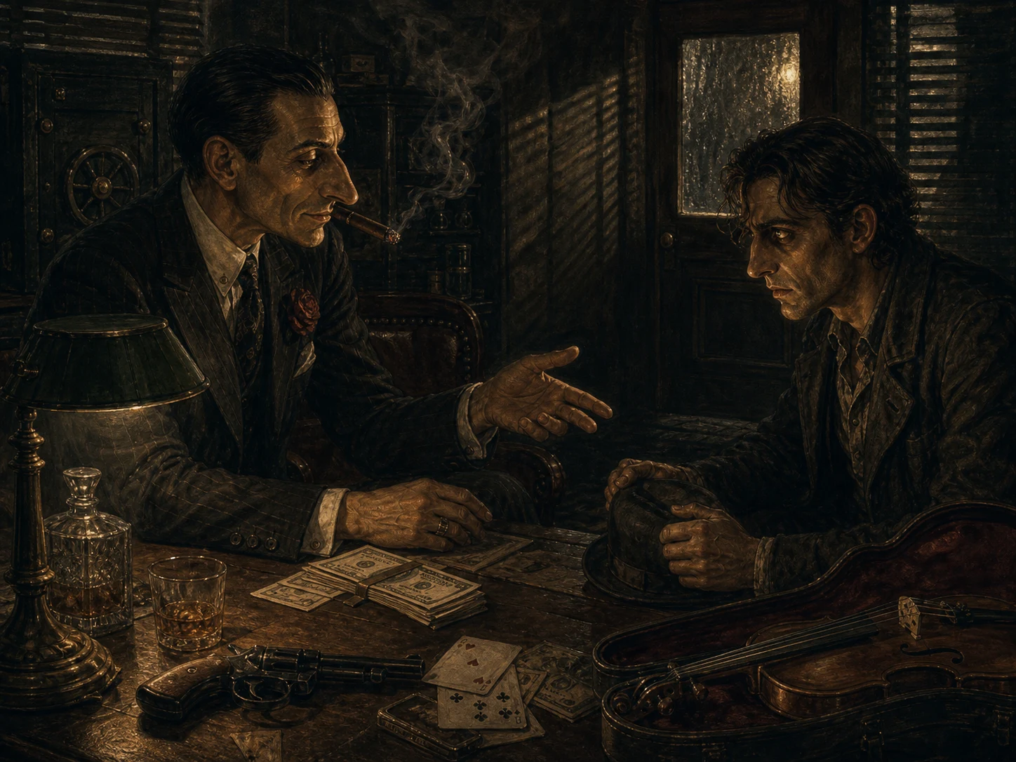 A button man with a slightly elongated nose offers a job to a grifter with deep-set reflective eyes in a speakeasy back room.