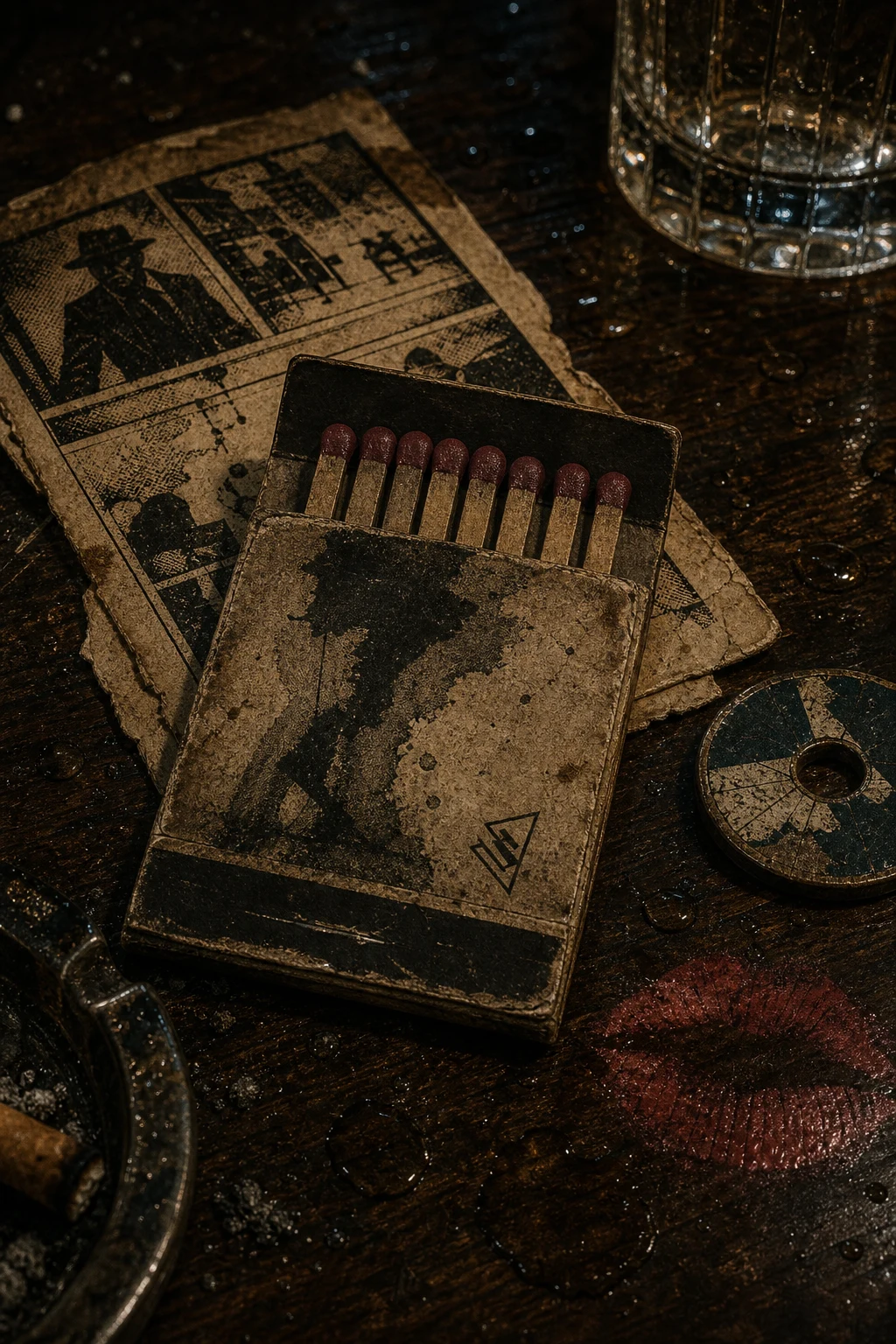 A worn matchbook, classified clipping, coat-check token, lipstick smear, ash, and rain drops on a bar top.