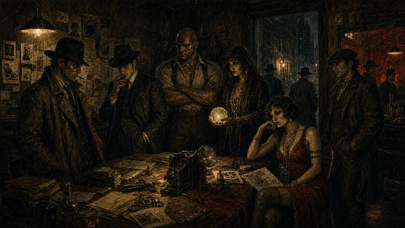 Dense Weird Age pulp noir Jobs opener showing detectives, grifters, bruisers, mediums, and canary performers waiting under hard lamplight.

