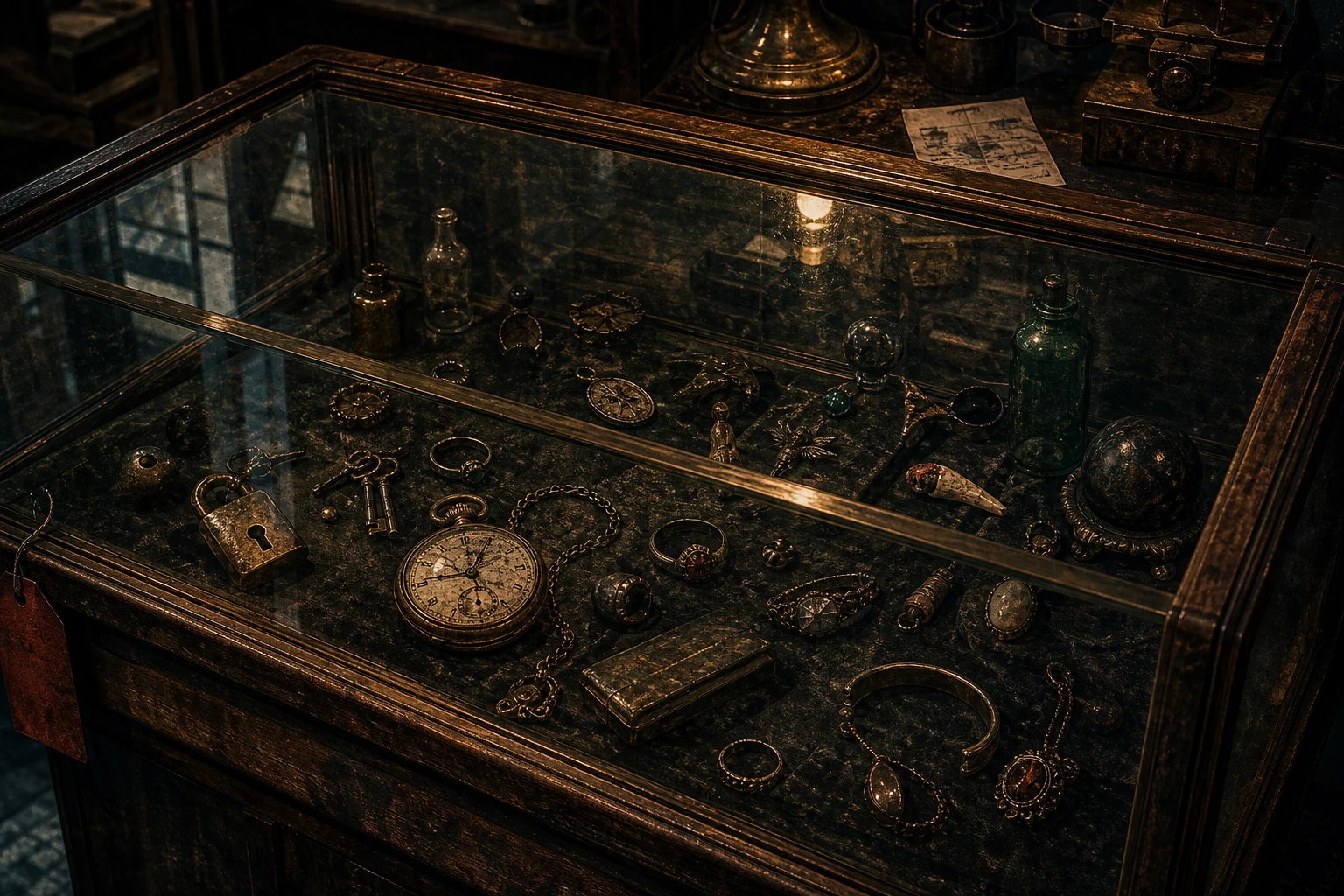 Pawnshop glass cabinet with rings, tarnished charms, cracked pocket watch, bottles, keys, and disagreeing reflections.