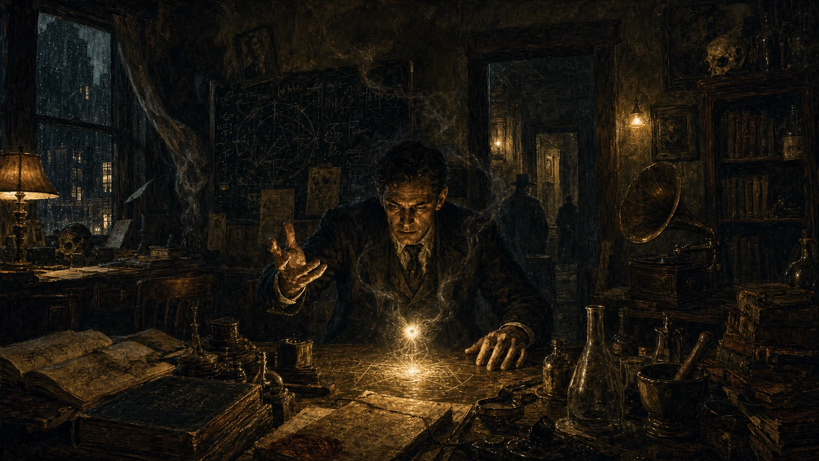 An occult investigator in a rain-dark study shapes a small impossible light over books, glassware, chalk marks, and smoke.