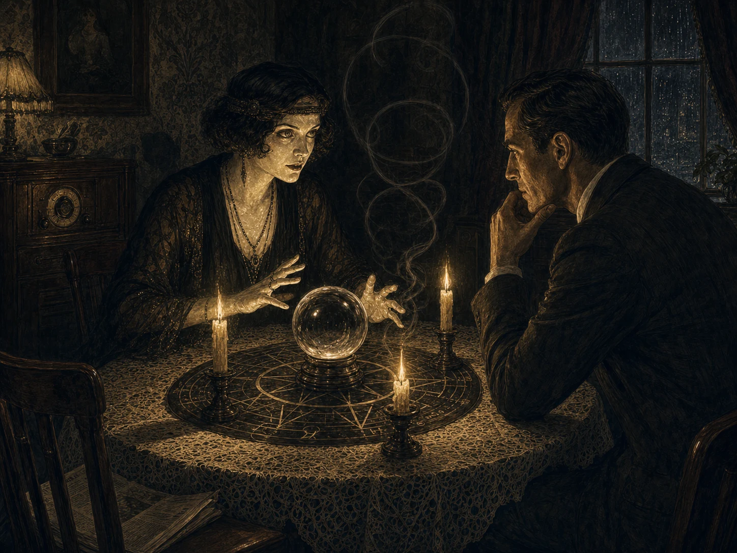 A medium with faintly luminous skin sits at a seance table with an ordinary skeptical client in a rain-dark apartment parlor.