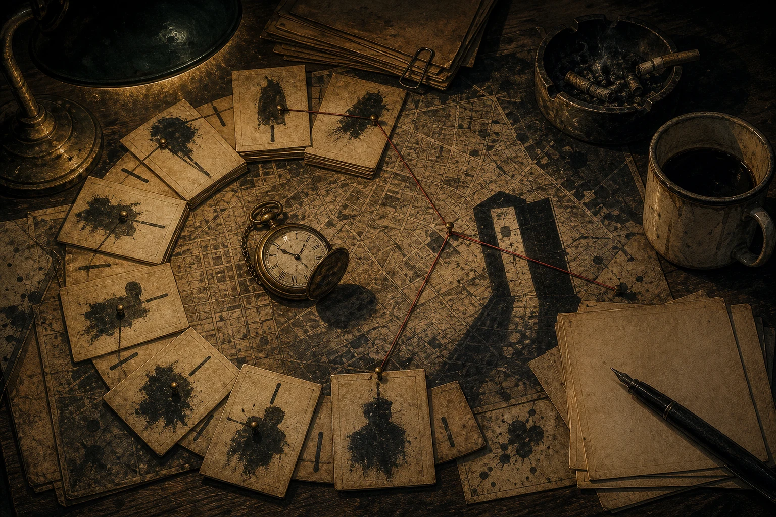 Index cards, pocket watch, pinned map, coffee, ashtray, blank scene cards, red string, and a door-shaped shadow.