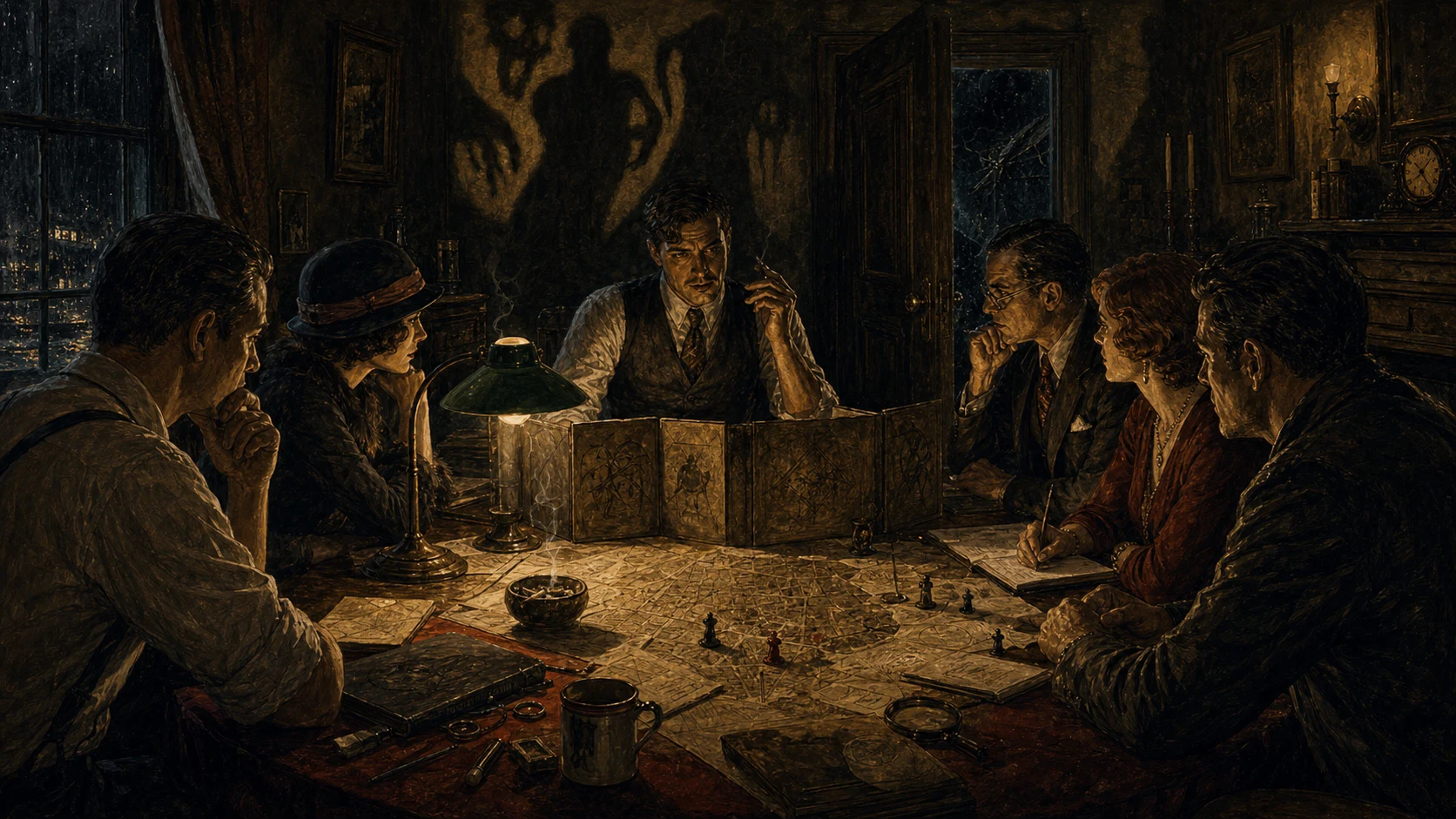 A game runner leads a tense table of players through a noir case while wrong shadows gather behind the lamplit room.