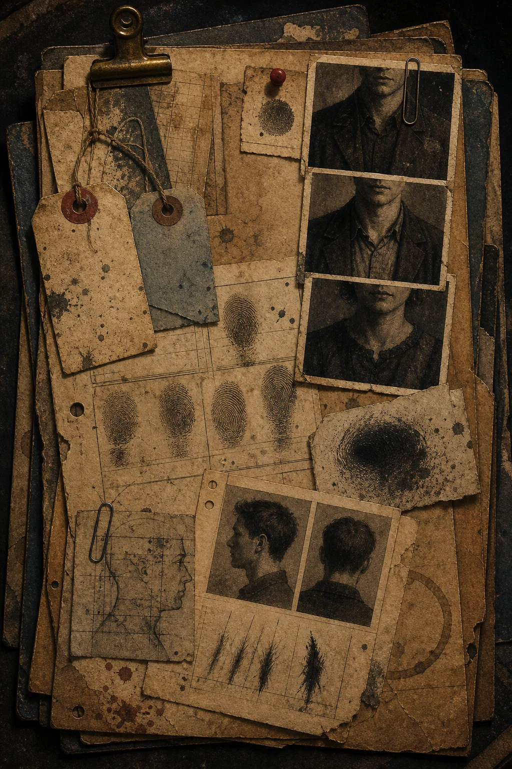 Passport-style photos, luggage tags, fingerprint cards, hairline scale impressions, smeared thumbprint, and pinned notes.