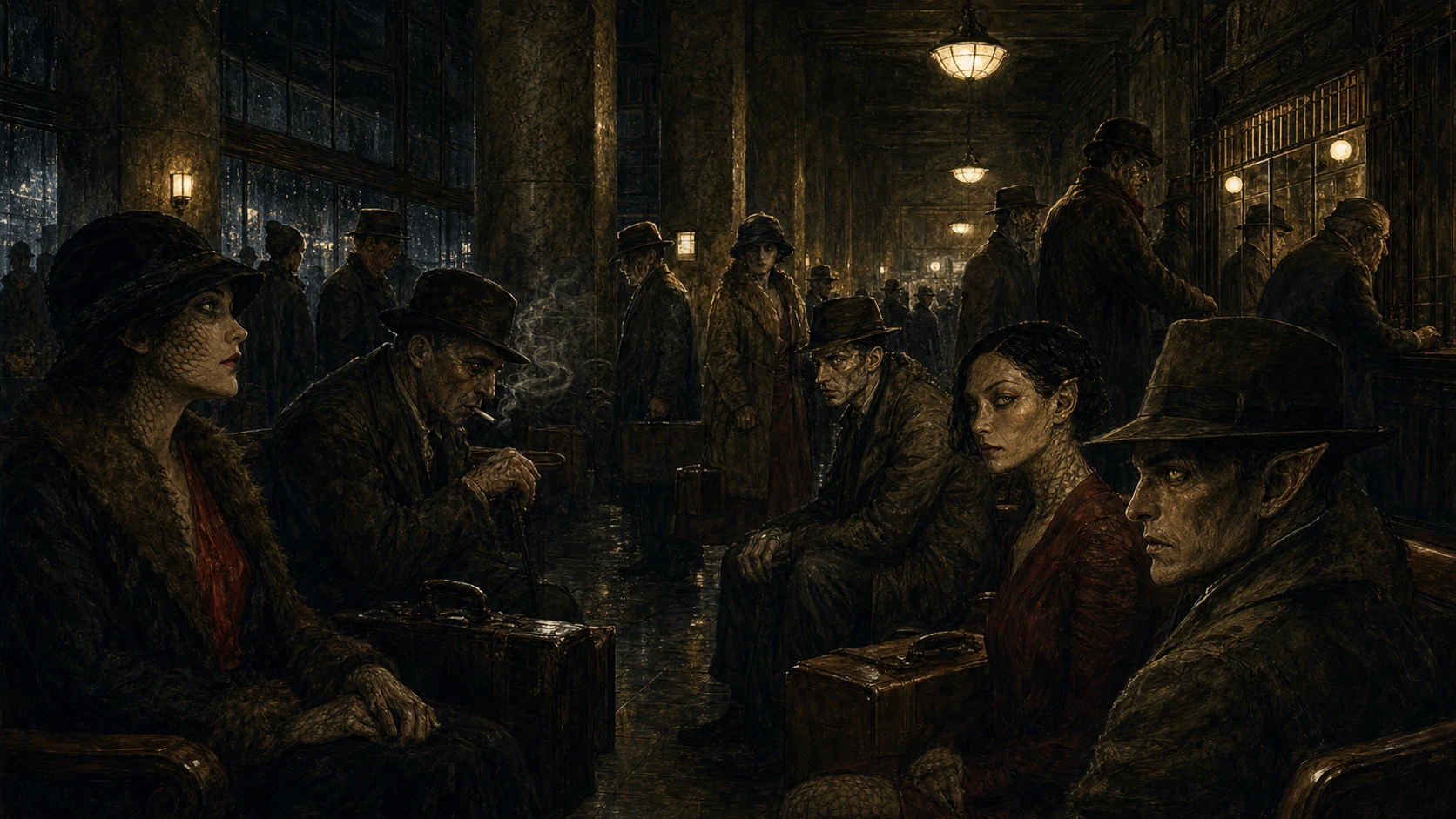 Travelers in a rainy 1920s station waiting room reveal subtle scales, sharp profiles, and strange eyes only on second viewing.