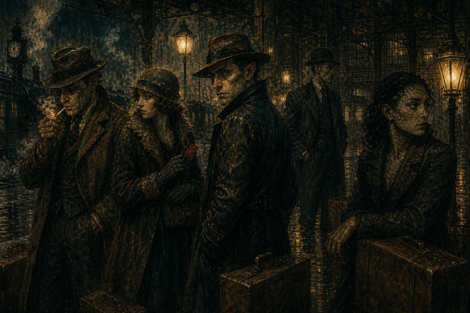 Travelers wait under station lamps with subtle scales, sharp profiles, strange eyes, luggage, smoke, and rain-black windows.