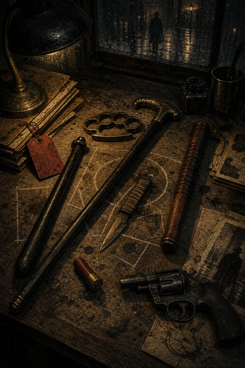 Weird Age weapons and gear arranged on a police evidence desk with chalk marks, oil stains, file folders, and rain-window reflections.
