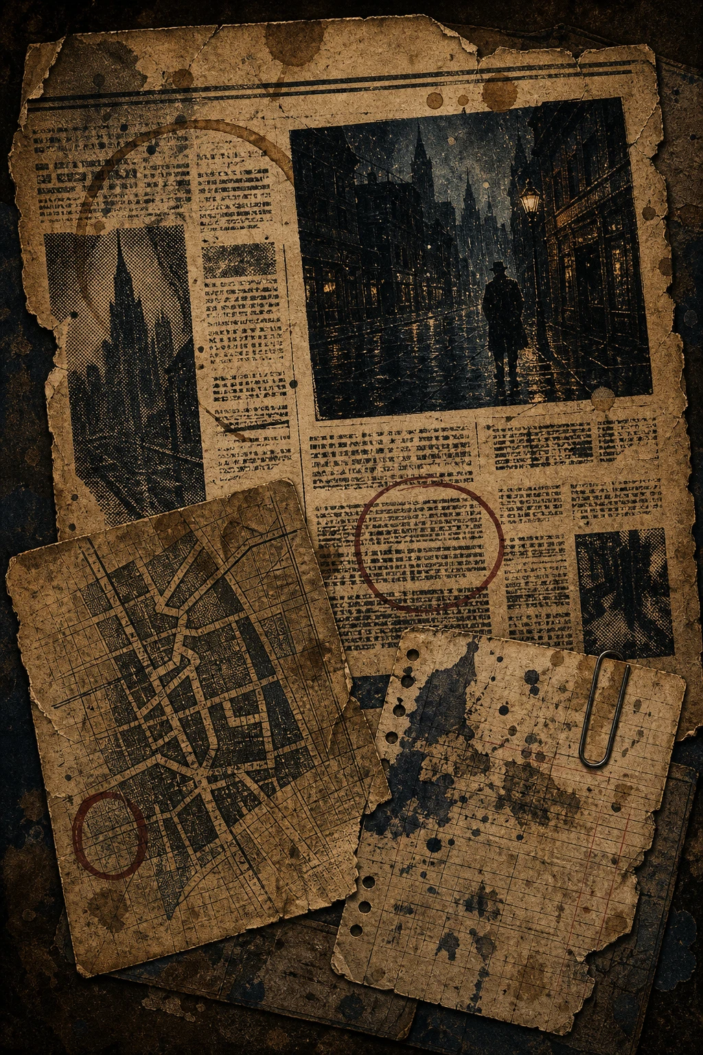Torn newspaper columns, a rainy street photo, impossible alley map, coffee rings, and a muted red pencil circle.