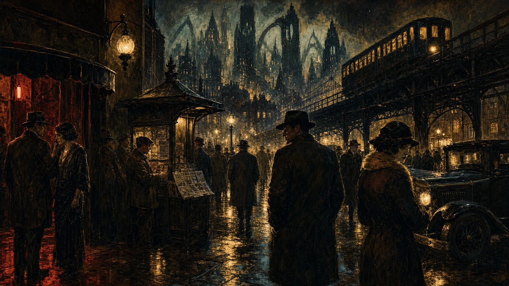 Rainy Weird Age city street with detective-pulp crowds, elevated train light, cheap red curtains, and impossible skyline pressure.
