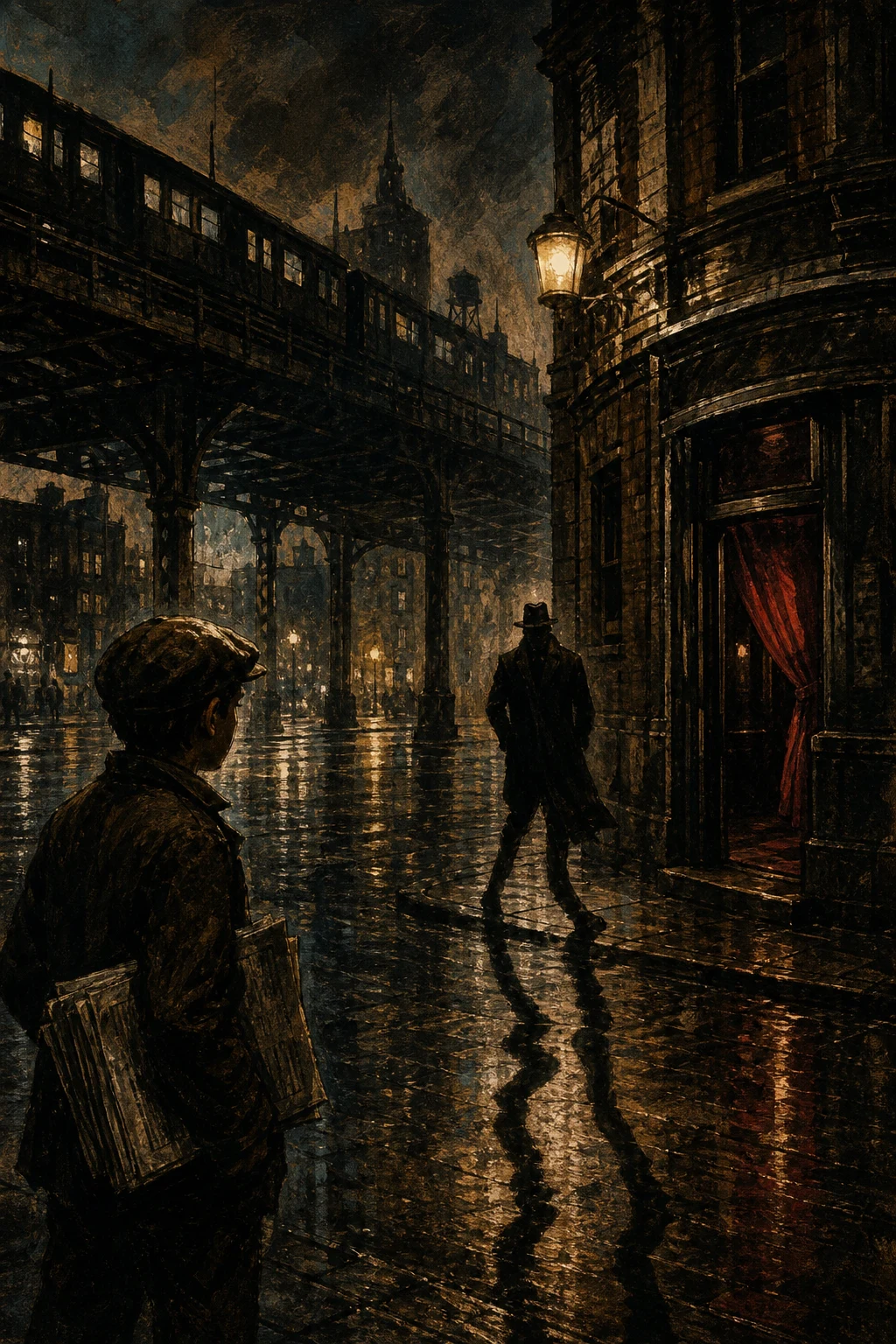 Rain-slick 1920s street corner with newsboy silhouette, train shadow, speakeasy glow, and a wrong-jointed shadow.
