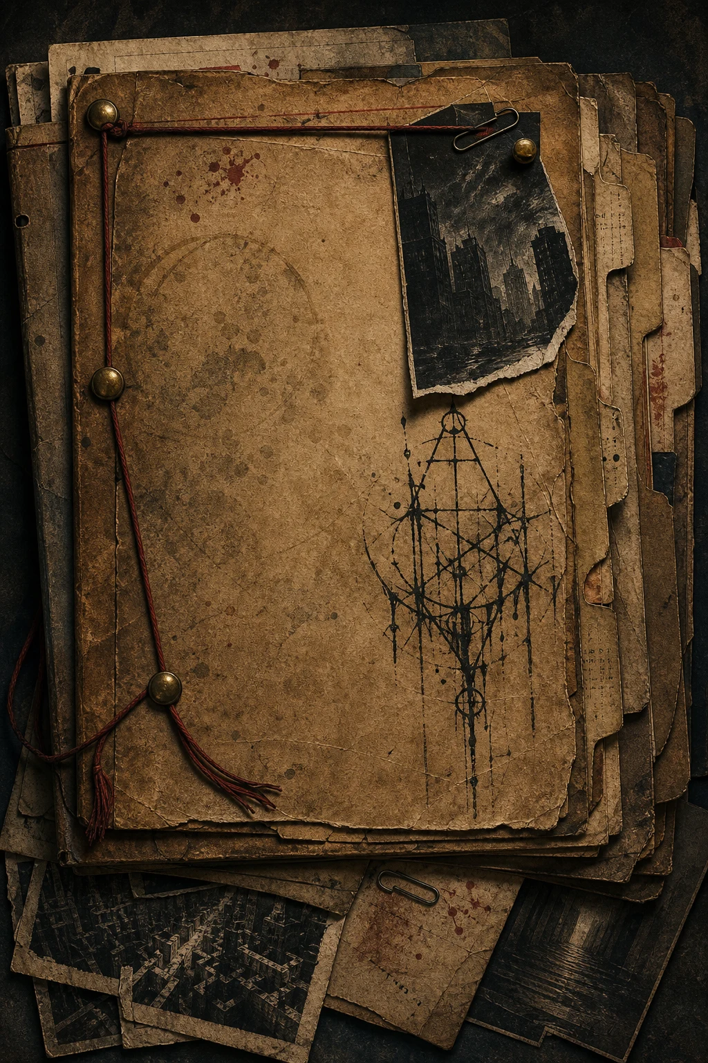 Overlapping case-file folders, tabs, torn city photograph, red string, brass brads, and a black ink warning mark.