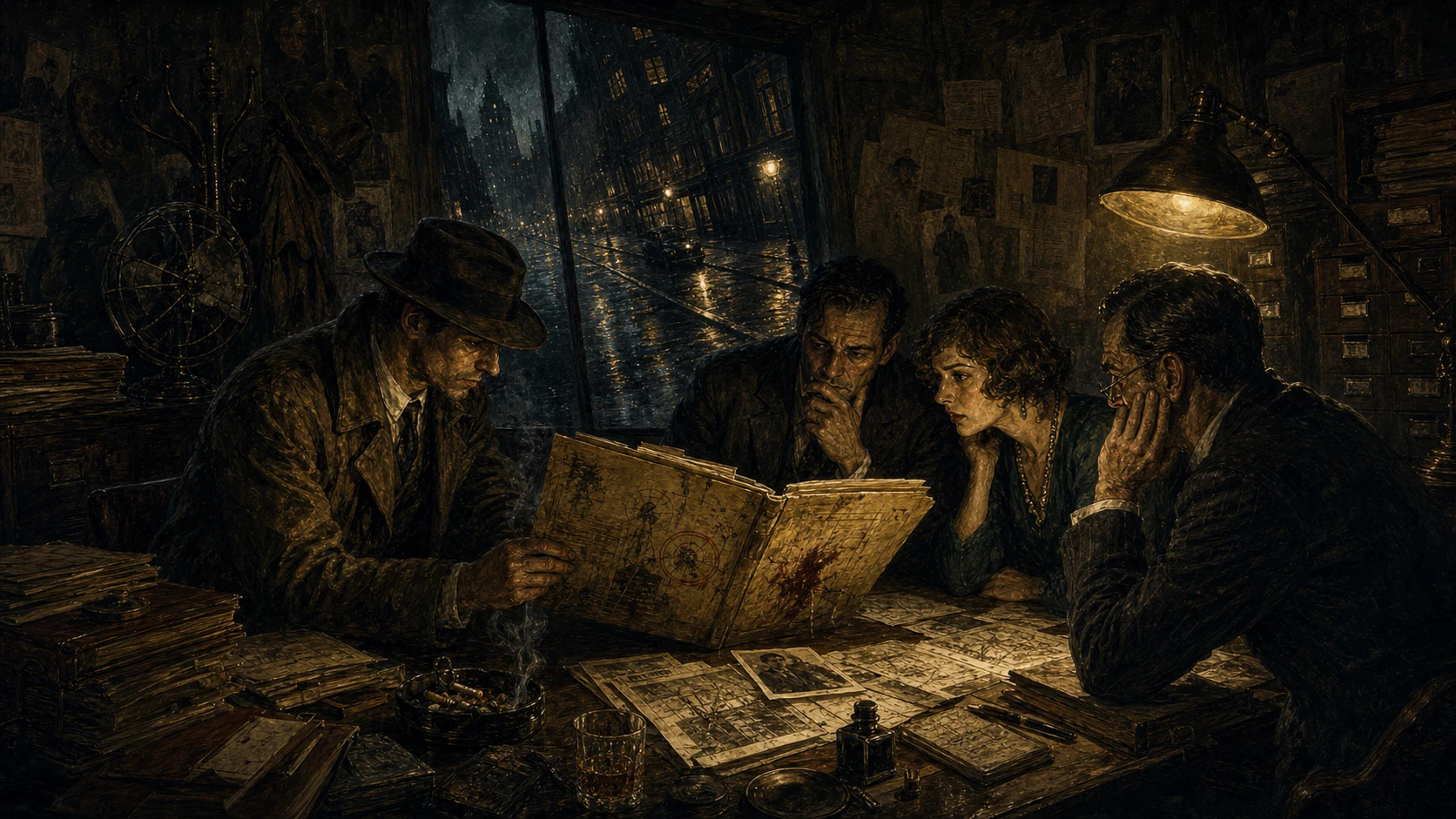 Noir investigators study a strange case file in a rainy office while the street outside bends at an impossible angle.