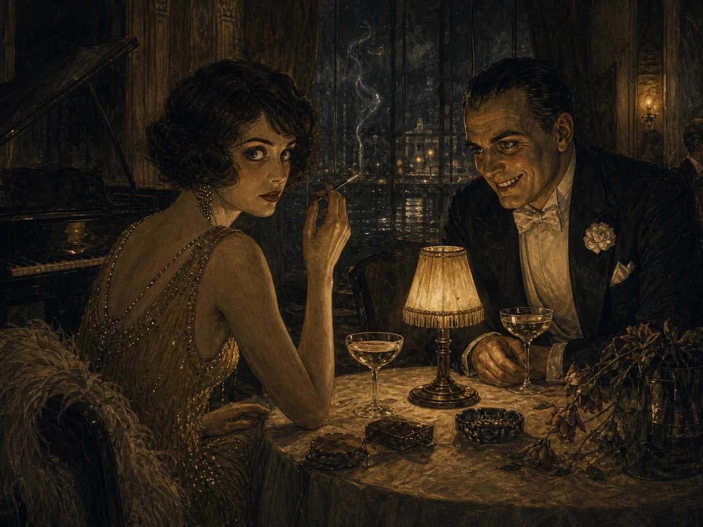 A canary and wealthy partygoer share a tense after-hours supper-club table under smoke, rain glow, and sharp lamplight.