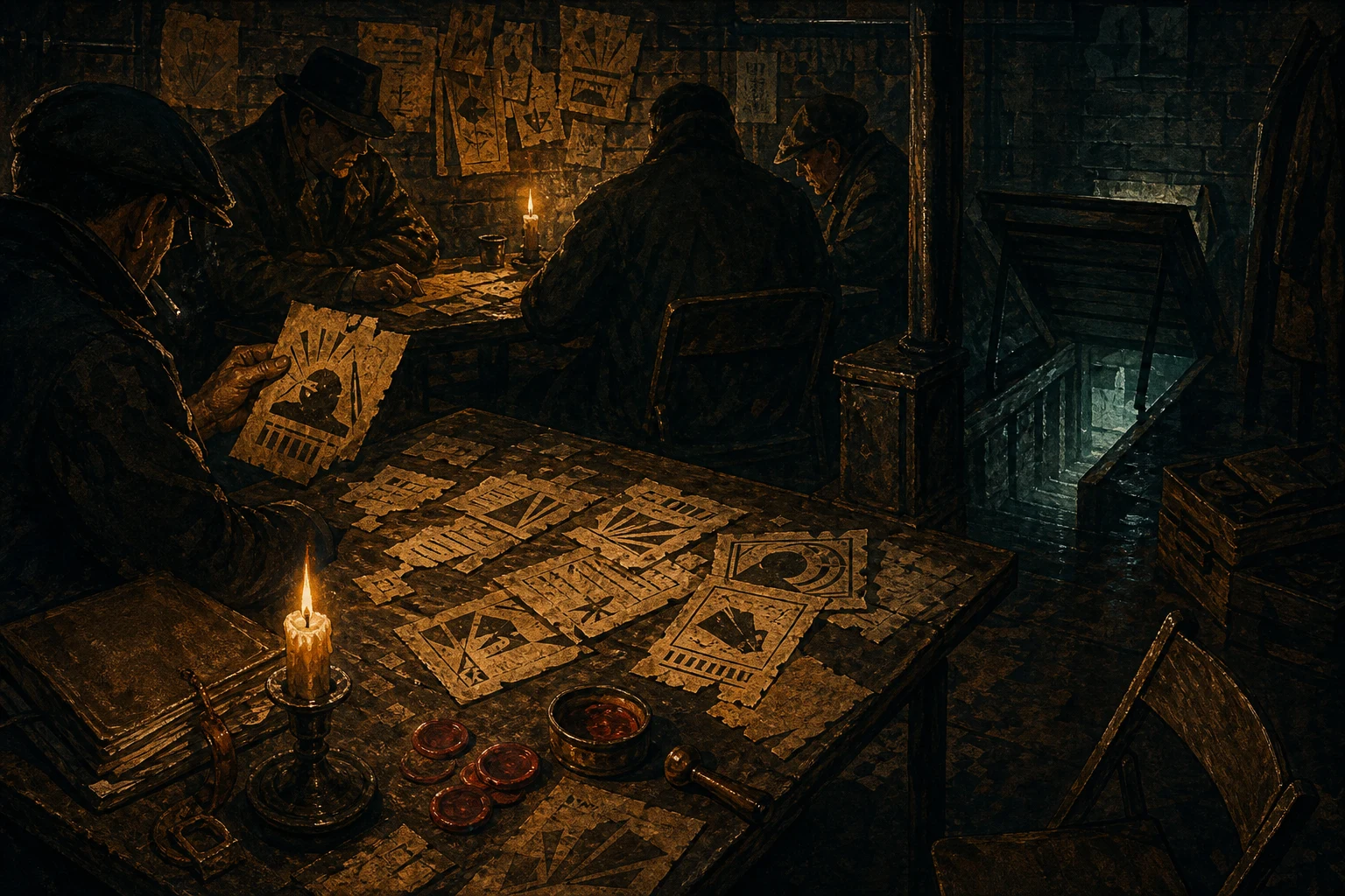 Candlelit civic-basement table with torn pamphlet scraps, plain wax seals, ledger edge, coats, and cellar shadows.