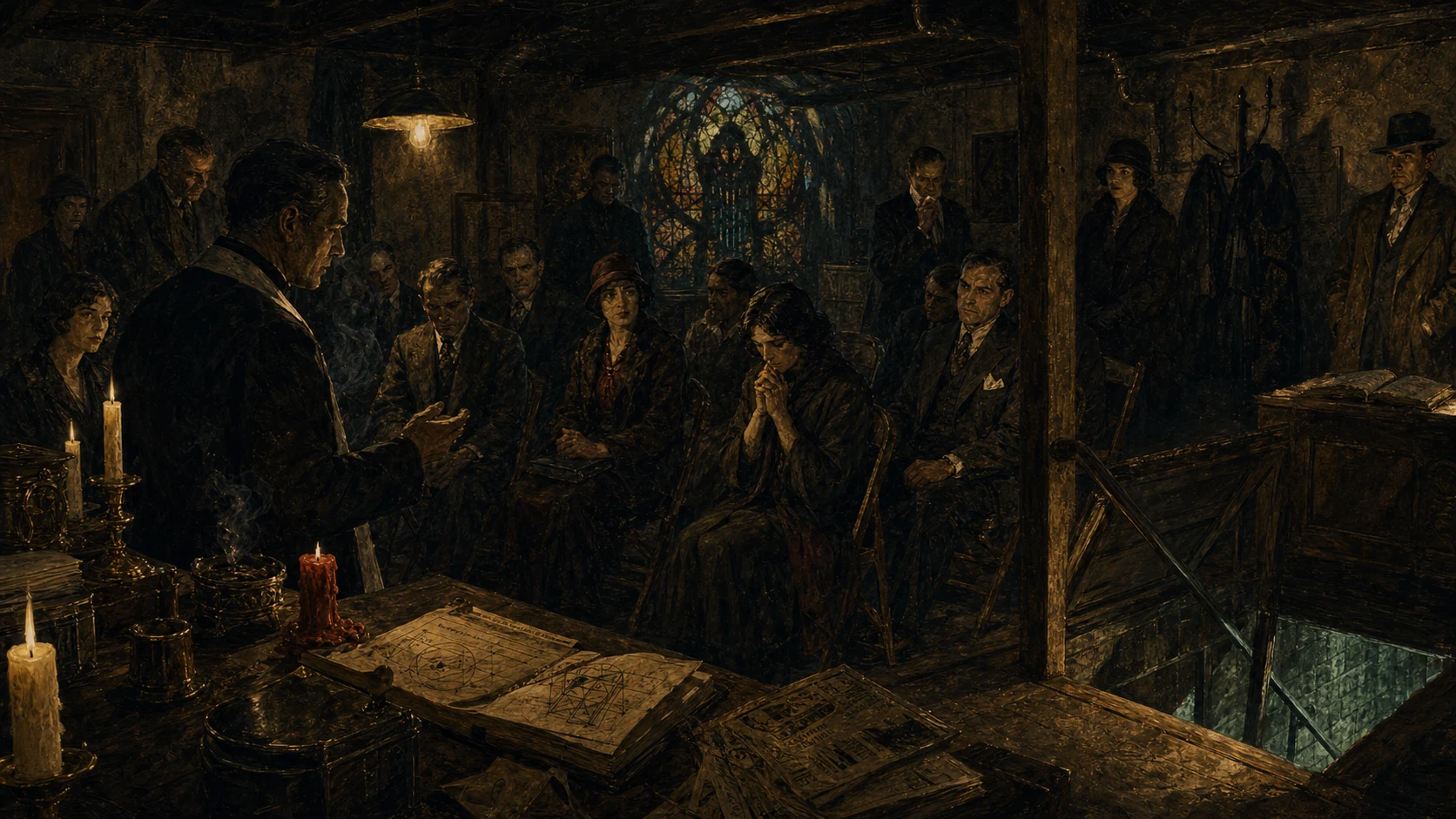 People gather in a church basement and lodge room around candles, ledgers, stained glass shadows, and a half-open cellar door.