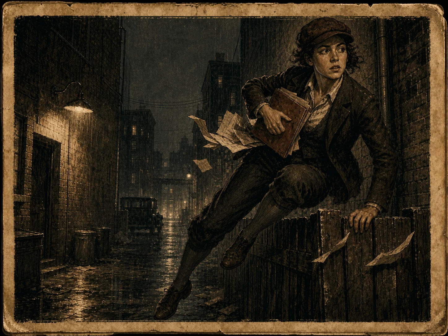 Illustrated Ape Hybrid human vaulting a wet alley fence with case papers under one arm.
