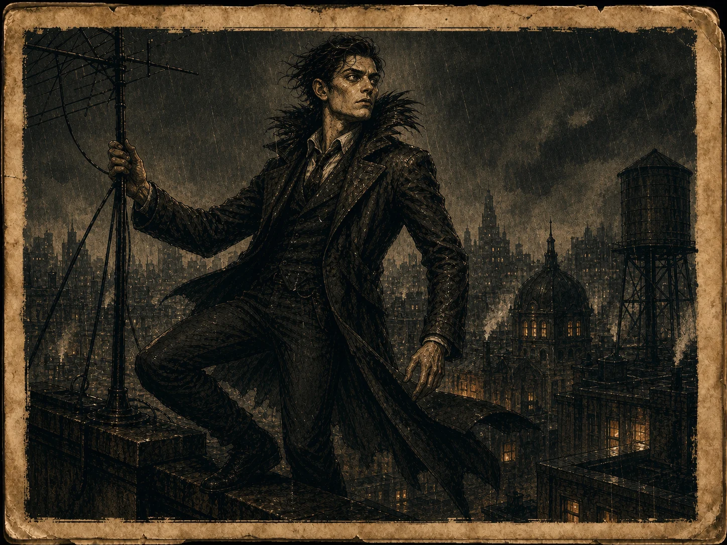 Illustrated Byakhee Hybrid balanced on a rain-dark rooftop with an aerial in hand and featherlike collar shadows.
