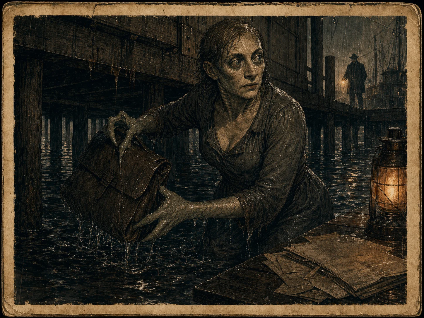 Illustrated Deep One Hybrid pulling a soaked evidence satchel from black harbor water under a pier.
